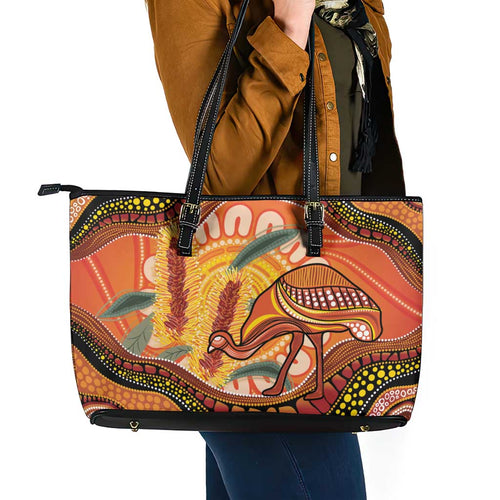 Indigenous Emu Australia Leather Tote Bag Australian Bottlebrushes Aboriginal Art Proud