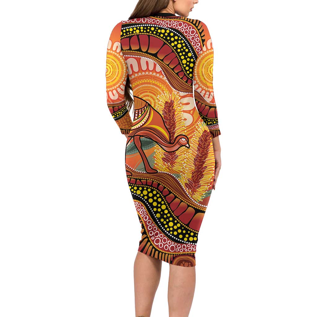 Indigenous Emu Australia Long Sleeve Bodycon Dress Australian Bottlebrushes Aboriginal Art Proud