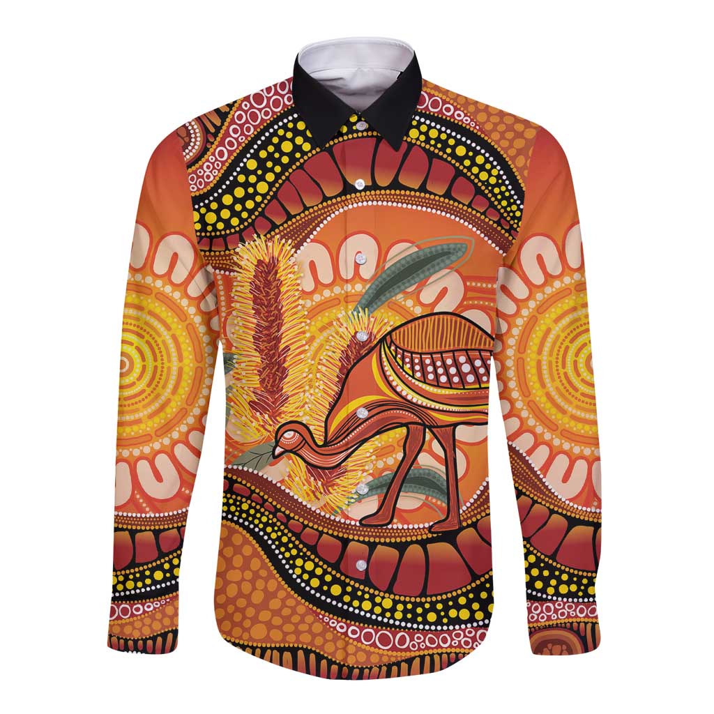 Indigenous Emu Australia Long Sleeve Button Shirt Australian Bottlebrushes Aboriginal Art Proud