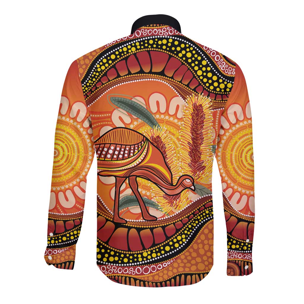 Indigenous Emu Australia Long Sleeve Button Shirt Australian Bottlebrushes Aboriginal Art Proud