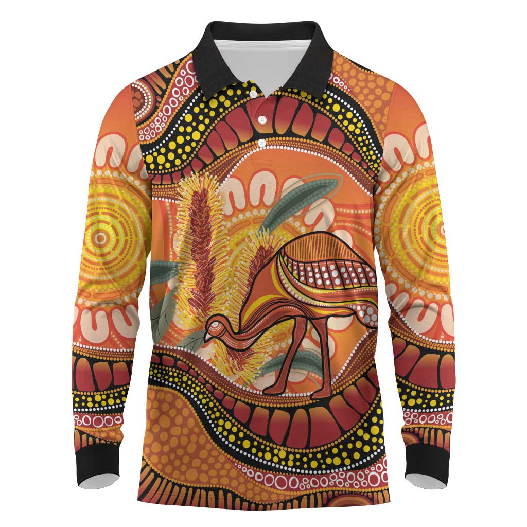 Indigenous Emu Australia Long Sleeve Polo Shirt Australian Bottlebrushes Aboriginal Art Proud