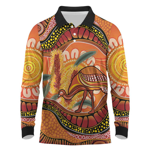 Indigenous Emu Australia Long Sleeve Polo Shirt Australian Bottlebrushes Aboriginal Art Proud