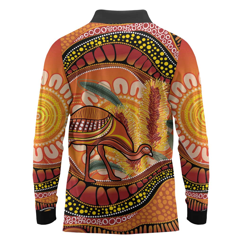 Indigenous Emu Australia Long Sleeve Polo Shirt Australian Bottlebrushes Aboriginal Art Proud