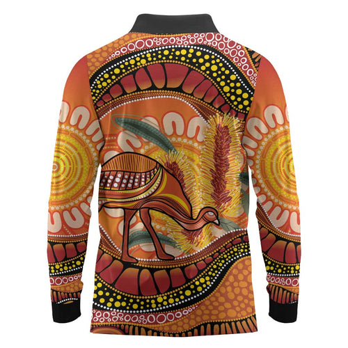 Indigenous Emu Australia Long Sleeve Polo Shirt Australian Bottlebrushes Aboriginal Art Proud