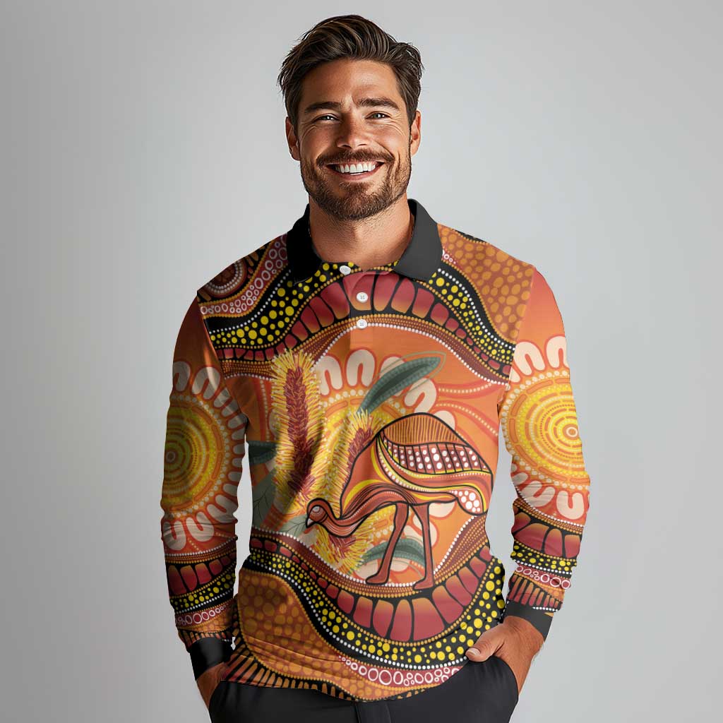 Indigenous Emu Australia Long Sleeve Polo Shirt Australian Bottlebrushes Aboriginal Art Proud