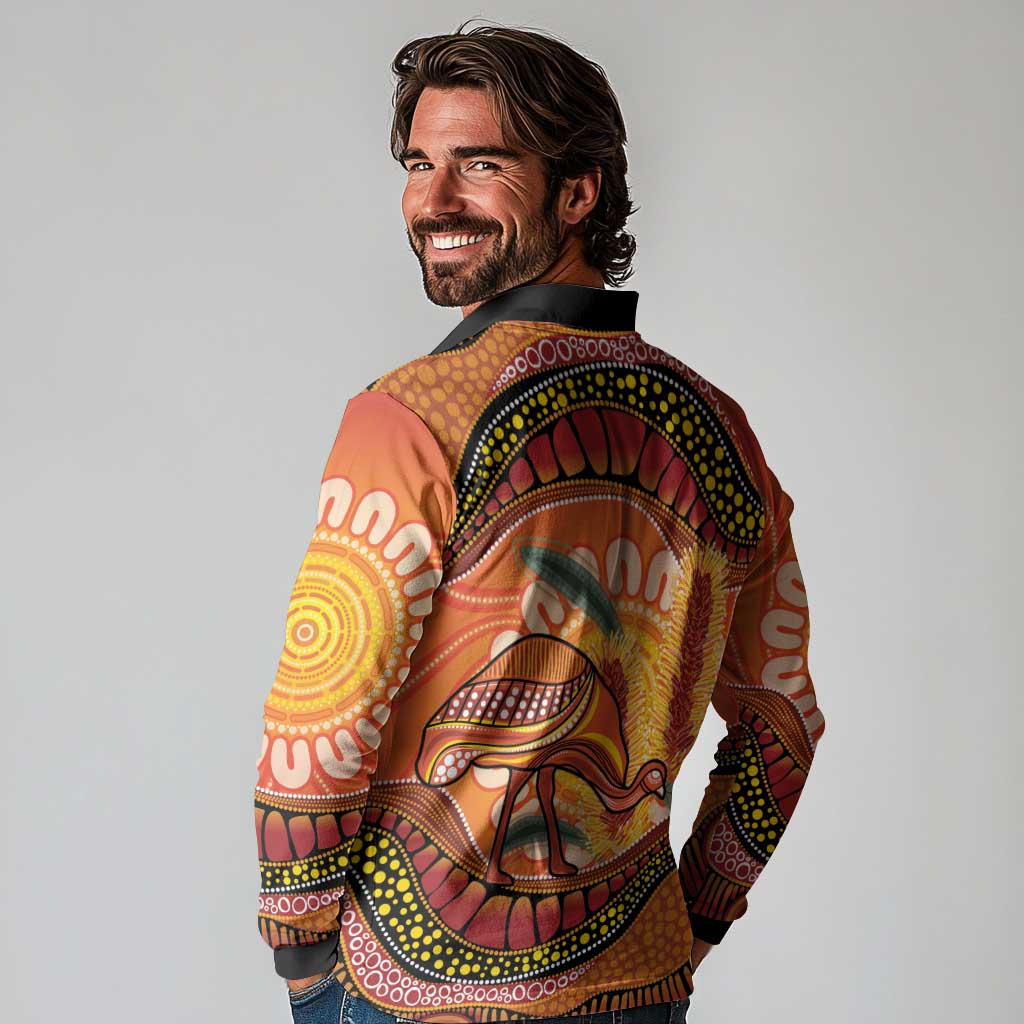 Indigenous Emu Australia Long Sleeve Polo Shirt Australian Bottlebrushes Aboriginal Art Proud