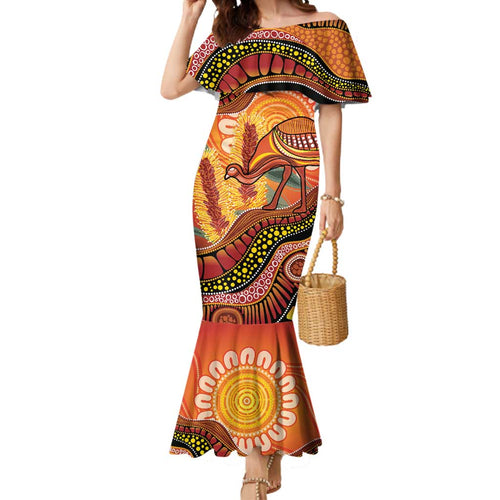 Indigenous Emu Australia Mermaid Dress Australian Bottlebrushes Aboriginal Art Proud