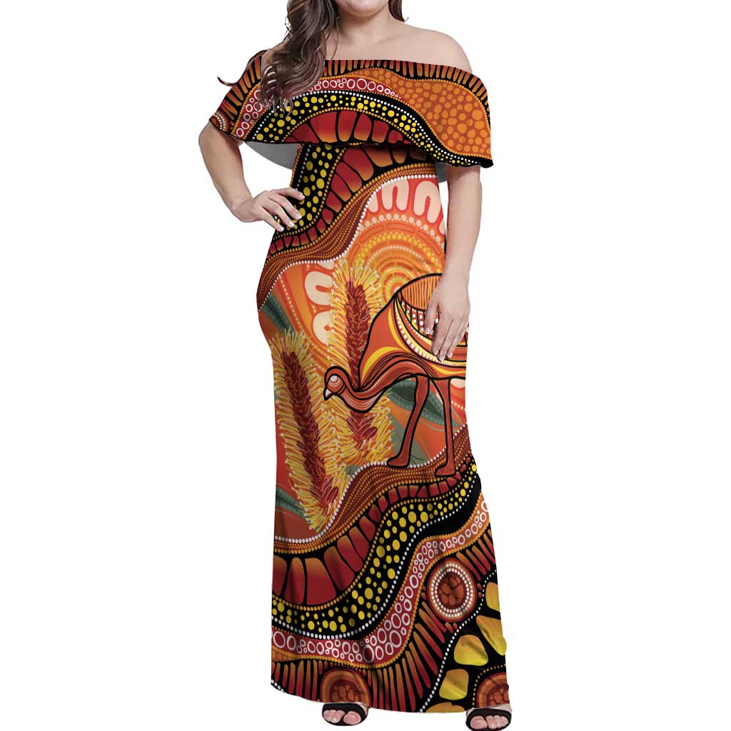 Indigenous Emu Australia Off Shoulder Maxi Dress Australian Bottlebrushes Aboriginal Art Proud