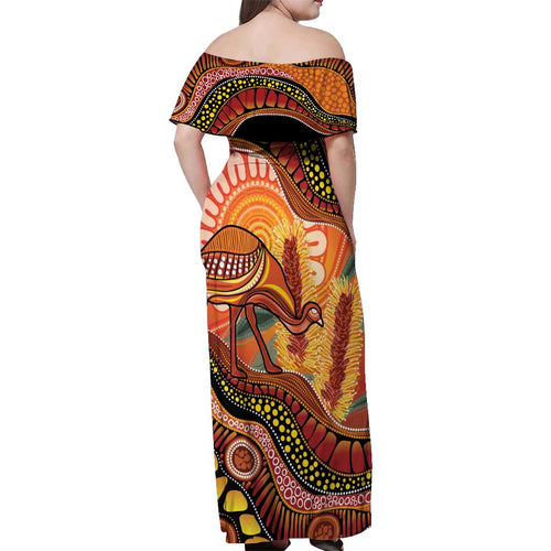 Indigenous Emu Australia Off Shoulder Maxi Dress Australian Bottlebrushes Aboriginal Art Proud