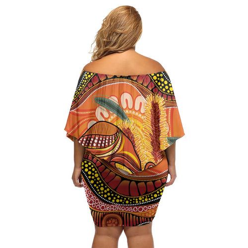 Indigenous Emu Australia Off Shoulder Short Dress Australian Bottlebrushes Aboriginal Art Proud