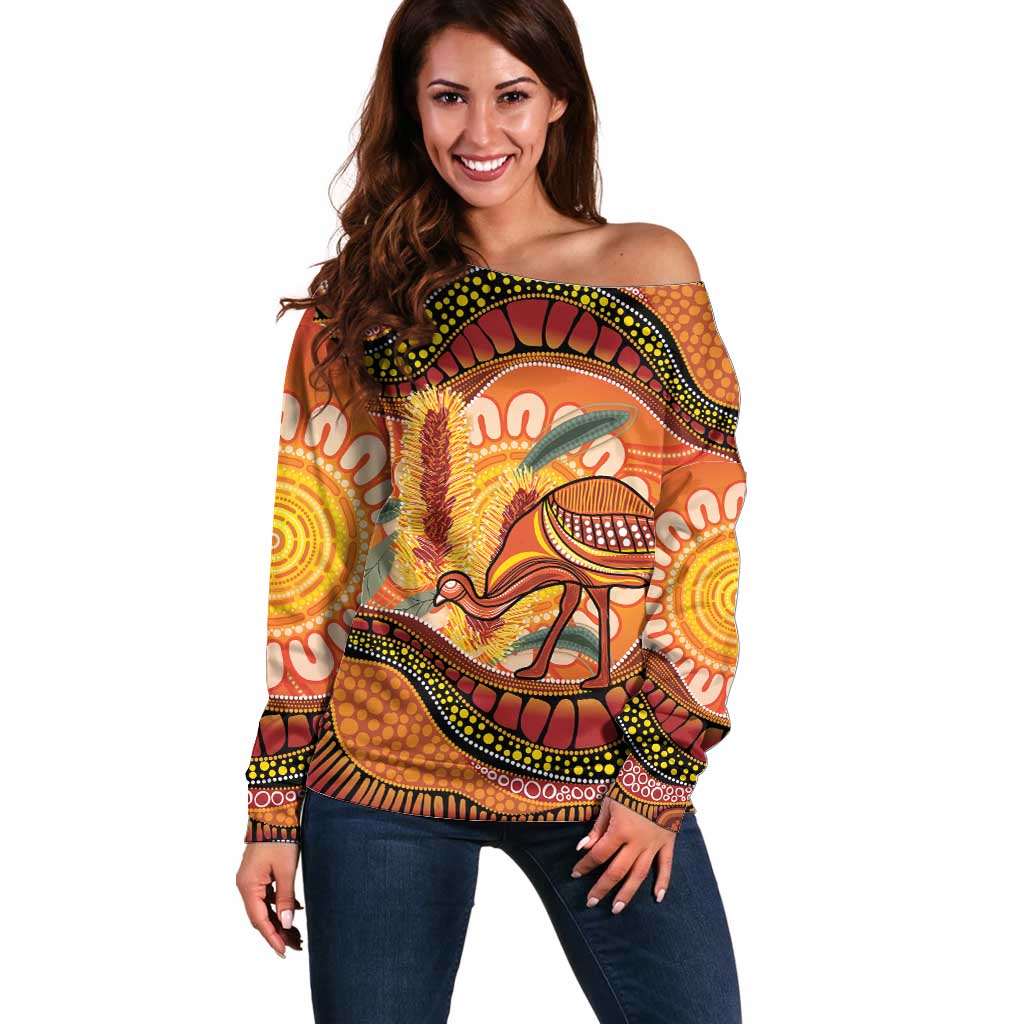 Indigenous Emu Australia Off Shoulder Sweater Australian Bottlebrushes Aboriginal Art Proud