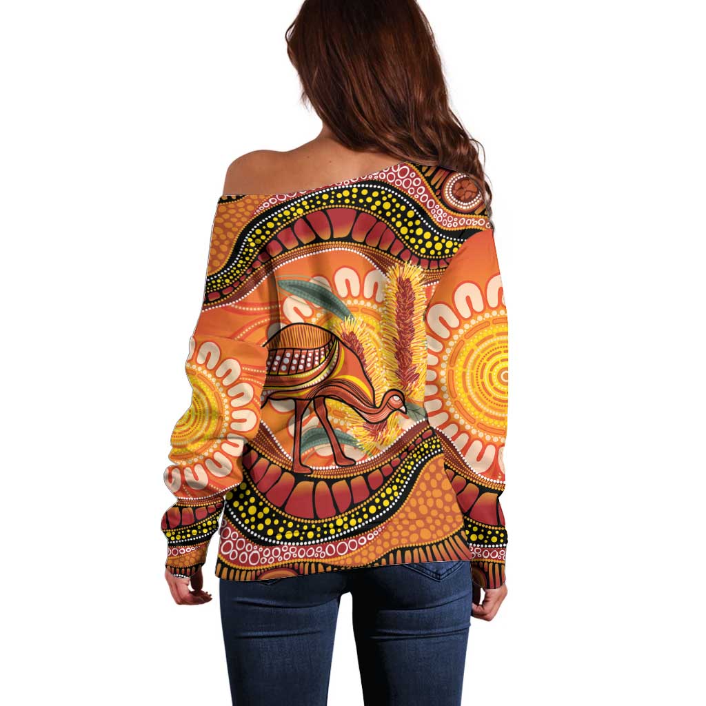 Indigenous Emu Australia Off Shoulder Sweater Australian Bottlebrushes Aboriginal Art Proud