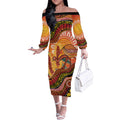 Indigenous Emu Australia Off The Shoulder Long Sleeve Dress Australian Bottlebrushes Aboriginal Art Proud