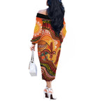 Indigenous Emu Australia Off The Shoulder Long Sleeve Dress Australian Bottlebrushes Aboriginal Art Proud