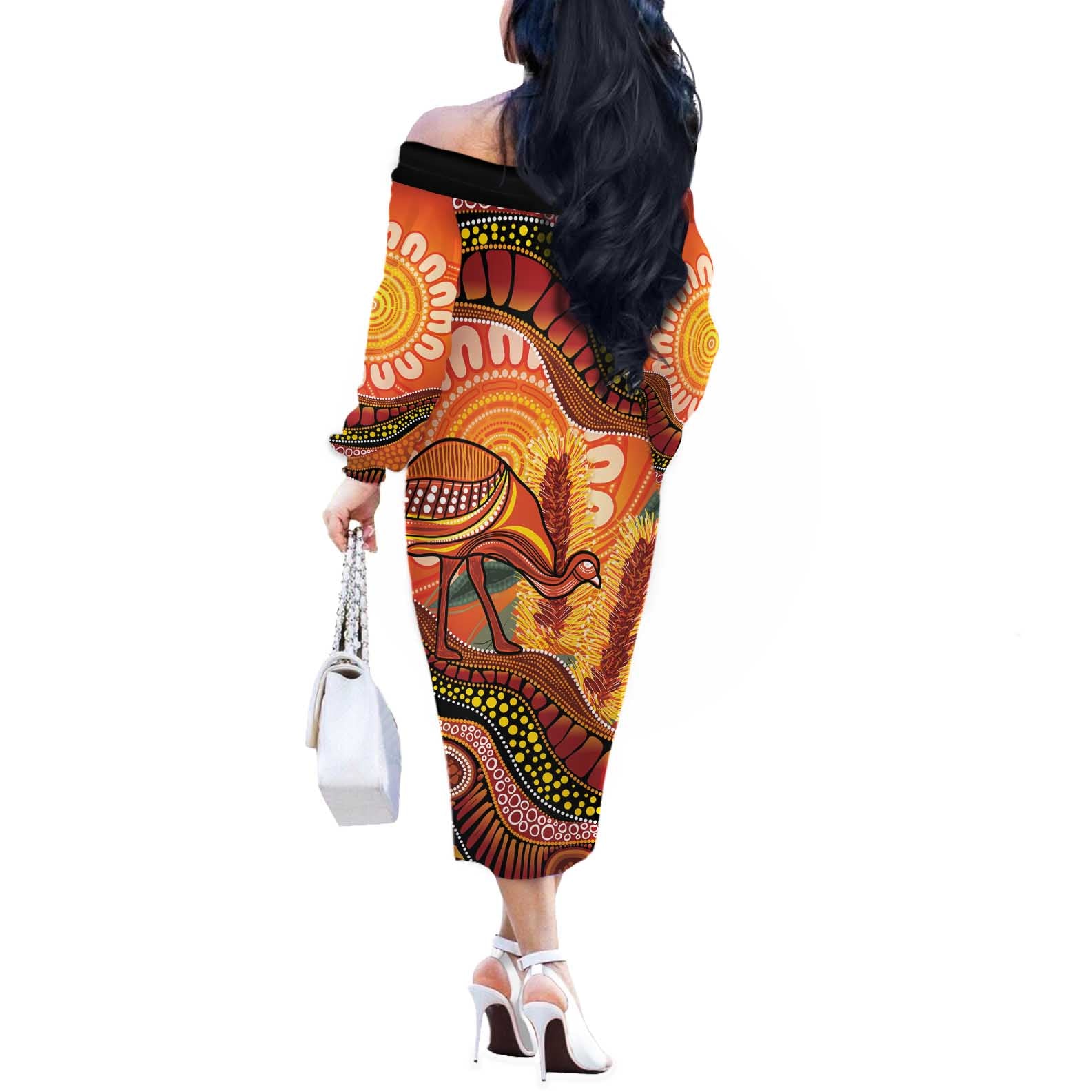 Indigenous Emu Australia Off The Shoulder Long Sleeve Dress Australian Bottlebrushes Aboriginal Art Proud