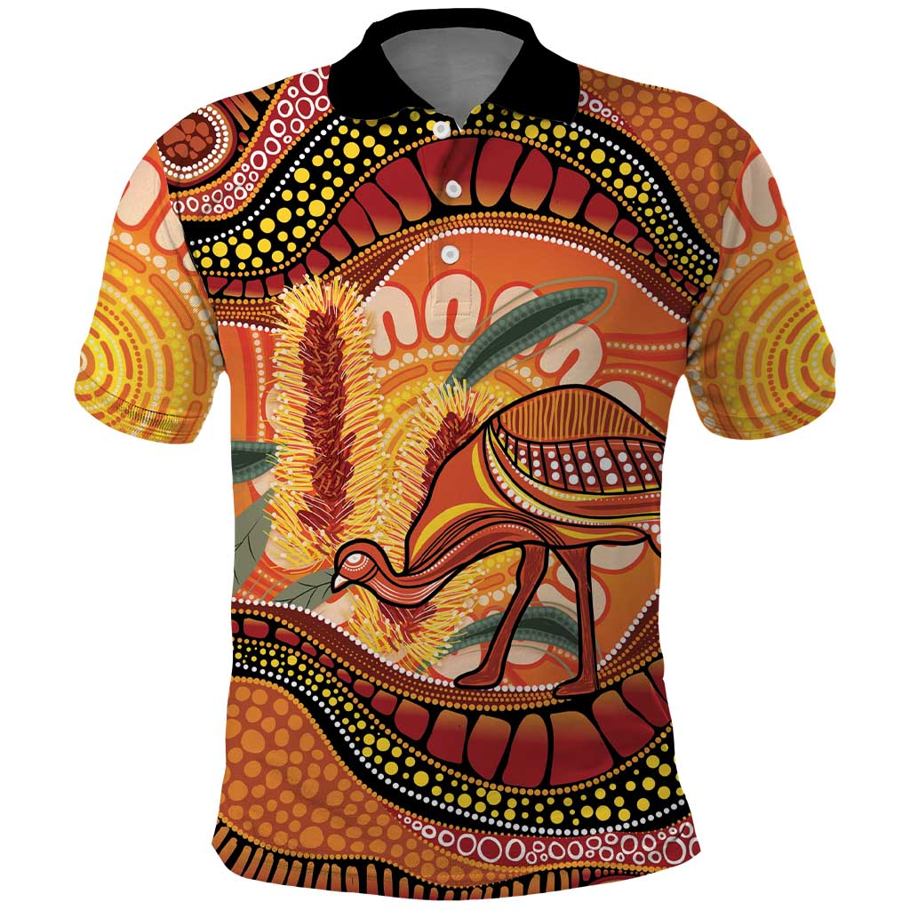 Indigenous Emu Australia Polo Shirt Australian Bottlebrushes Aboriginal Art Proud