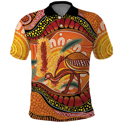 Indigenous Emu Australia Polo Shirt Australian Bottlebrushes Aboriginal Art Proud