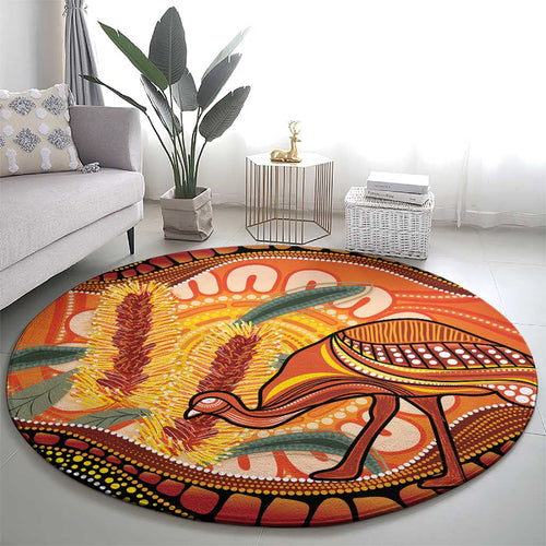 Indigenous Emu Australia Round Carpet Australian Bottlebrushes Aboriginal Art Proud