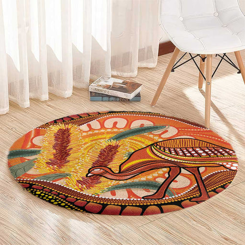 Indigenous Emu Australia Round Carpet Australian Bottlebrushes Aboriginal Art Proud