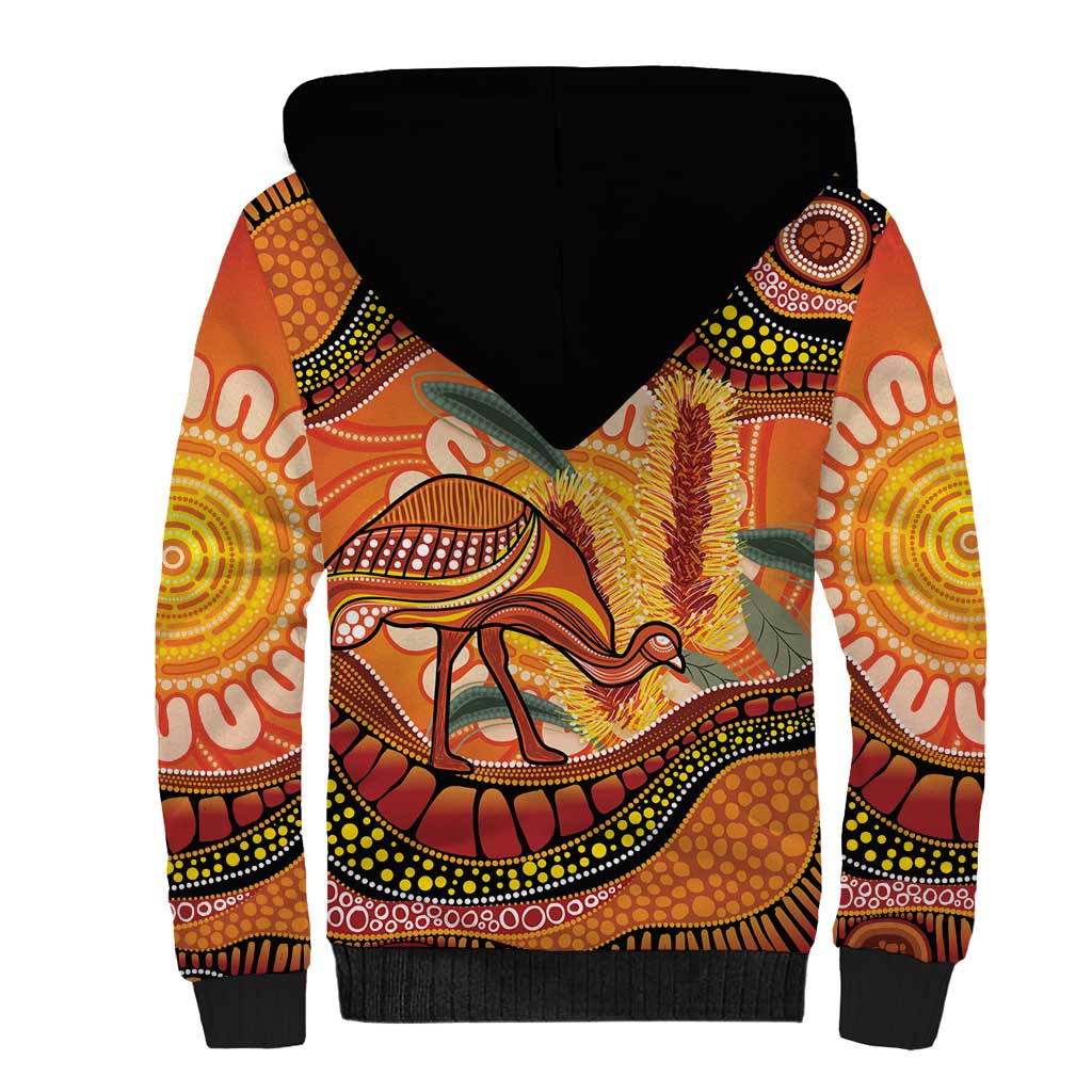 Indigenous Emu Australia Sherpa Hoodie Australian Bottlebrushes Aboriginal Art Proud
