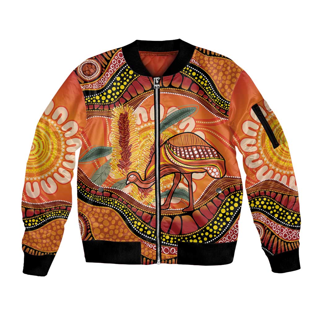 Indigenous Emu Australia Sleeve Zip Bomber Jacket Australian Bottlebrushes Aboriginal Art Proud