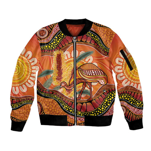 Indigenous Emu Australia Sleeve Zip Bomber Jacket Australian Bottlebrushes Aboriginal Art Proud