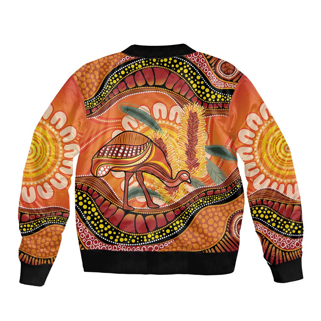Indigenous Emu Australia Sleeve Zip Bomber Jacket Australian Bottlebrushes Aboriginal Art Proud