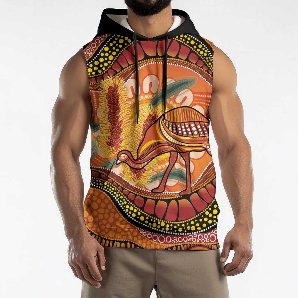 Indigenous Emu Australia Sleeveless Hoodie Australian Bottlebrushes Aboriginal Art Proud
