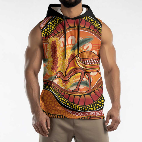 Indigenous Emu Australia Sleeveless Hoodie Australian Bottlebrushes Aboriginal Art Proud