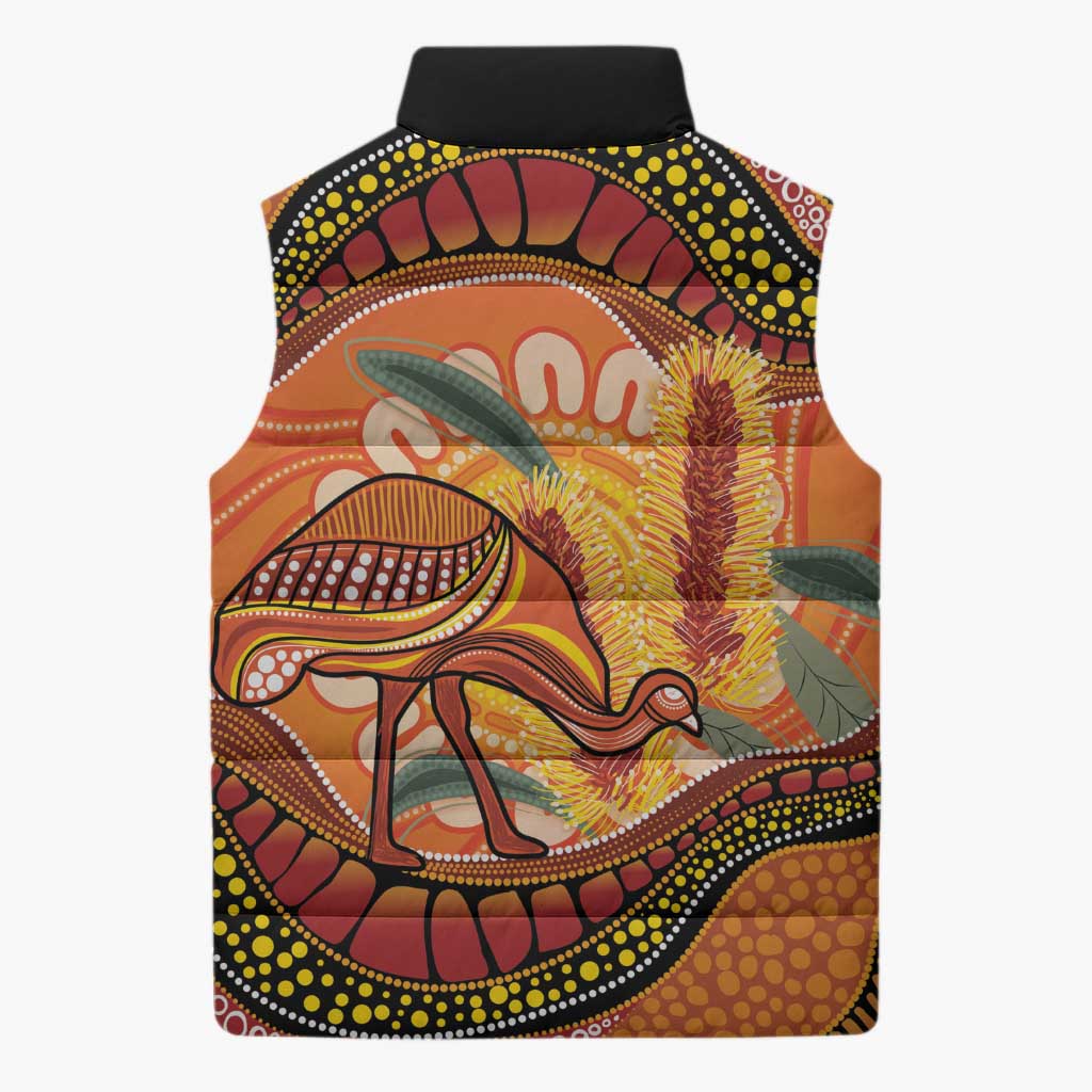 Indigenous Emu Australia Sleeveless Puffer Jacket Australian Bottlebrushes Aboriginal Art Proud