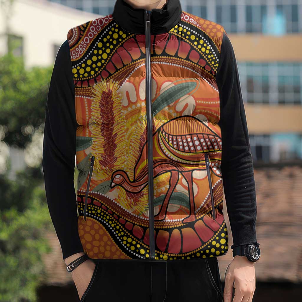 Indigenous Emu Australia Sleeveless Puffer Jacket Australian Bottlebrushes Aboriginal Art Proud