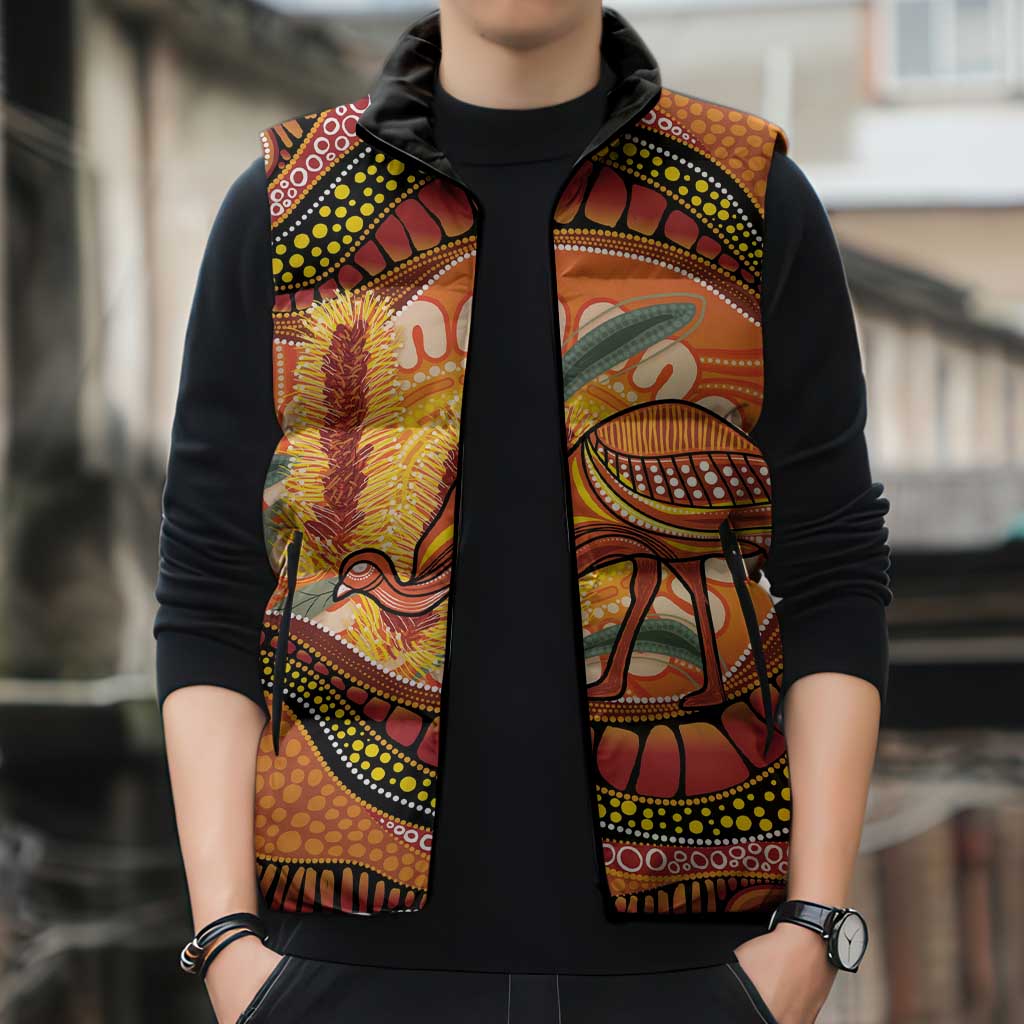 Indigenous Emu Australia Sleeveless Puffer Jacket Australian Bottlebrushes Aboriginal Art Proud
