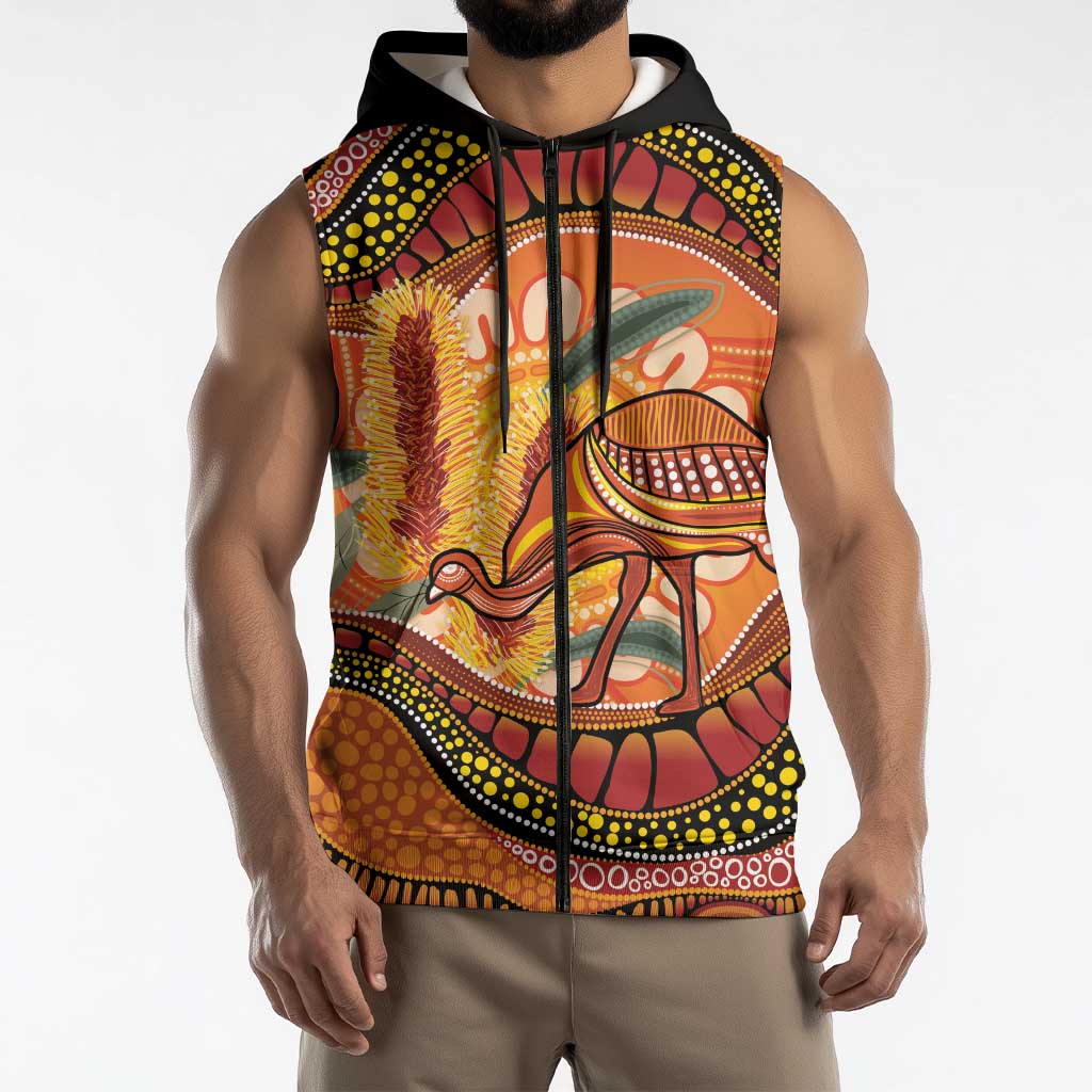 Indigenous Emu Australia Sleeveless Zip Hoodie Australian Bottlebrushes Aboriginal Art Proud