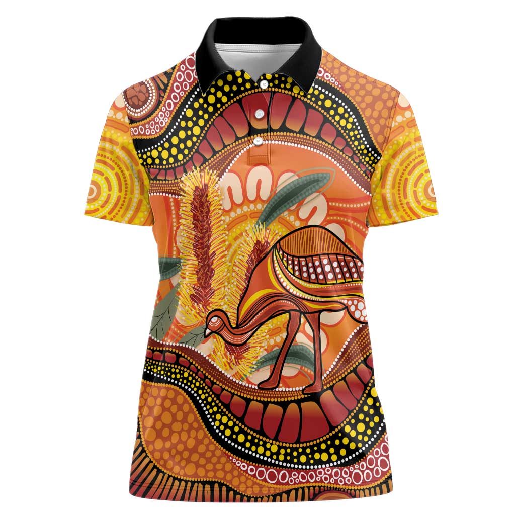 Indigenous Emu Australia Women Polo Shirt Australian Bottlebrushes Aboriginal Art Proud
