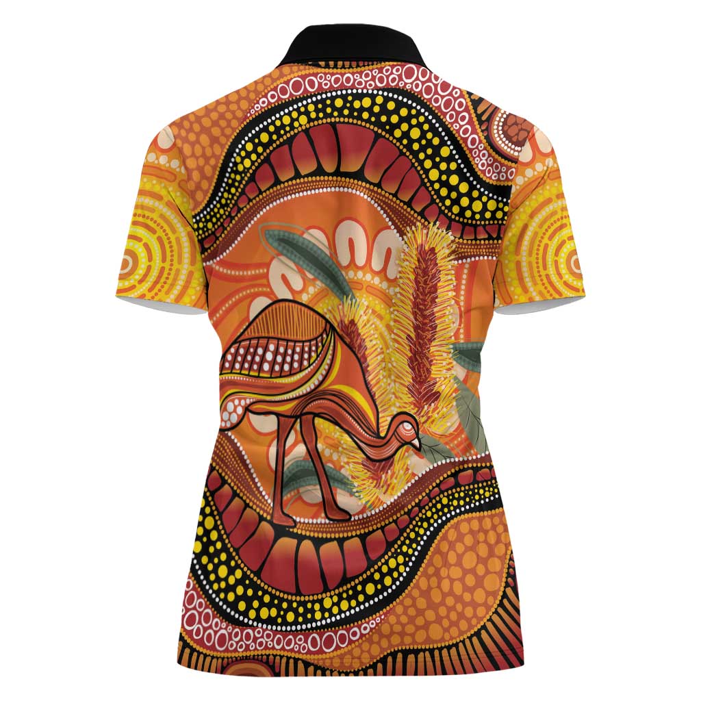 Indigenous Emu Australia Women Polo Shirt Australian Bottlebrushes Aboriginal Art Proud