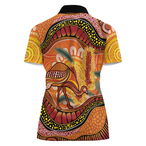 Indigenous Emu Australia Women Polo Shirt Australian Bottlebrushes Aboriginal Art Proud