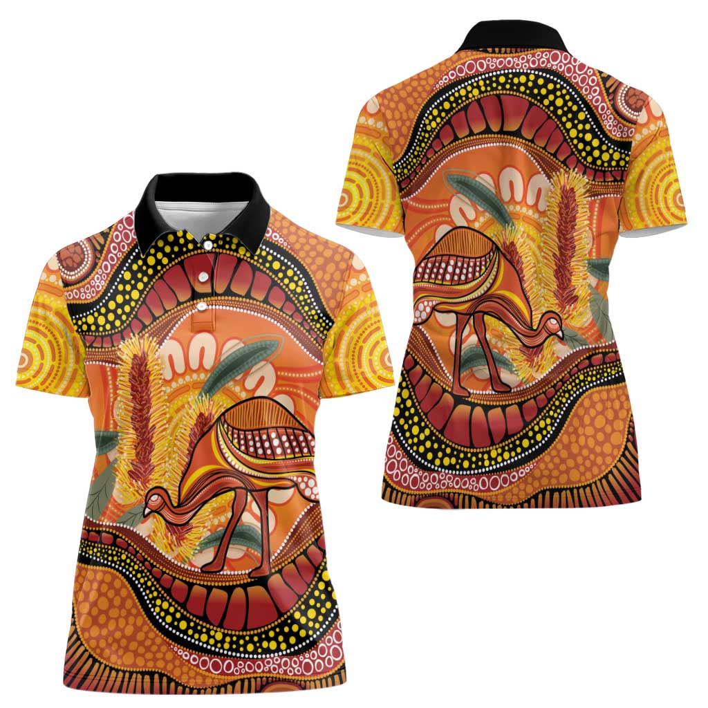 Indigenous Emu Australia Women Polo Shirt Australian Bottlebrushes Aboriginal Art Proud