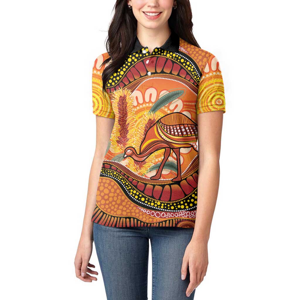 Indigenous Emu Australia Women Polo Shirt Australian Bottlebrushes Aboriginal Art Proud