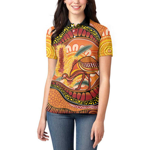 Indigenous Emu Australia Women Polo Shirt Australian Bottlebrushes Aboriginal Art Proud