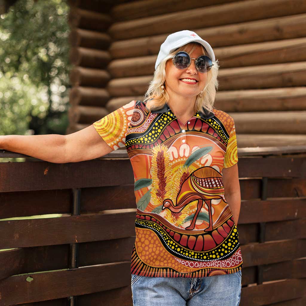 Indigenous Emu Australia Women Polo Shirt Australian Bottlebrushes Aboriginal Art Proud