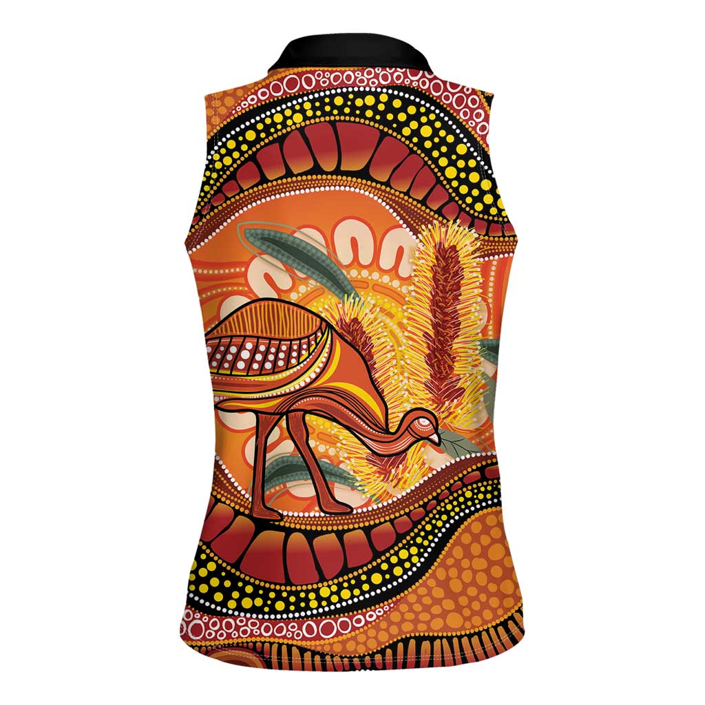Indigenous Emu Australia Women Sleeveless Polo Shirt Australian Bottlebrushes Aboriginal Art Proud