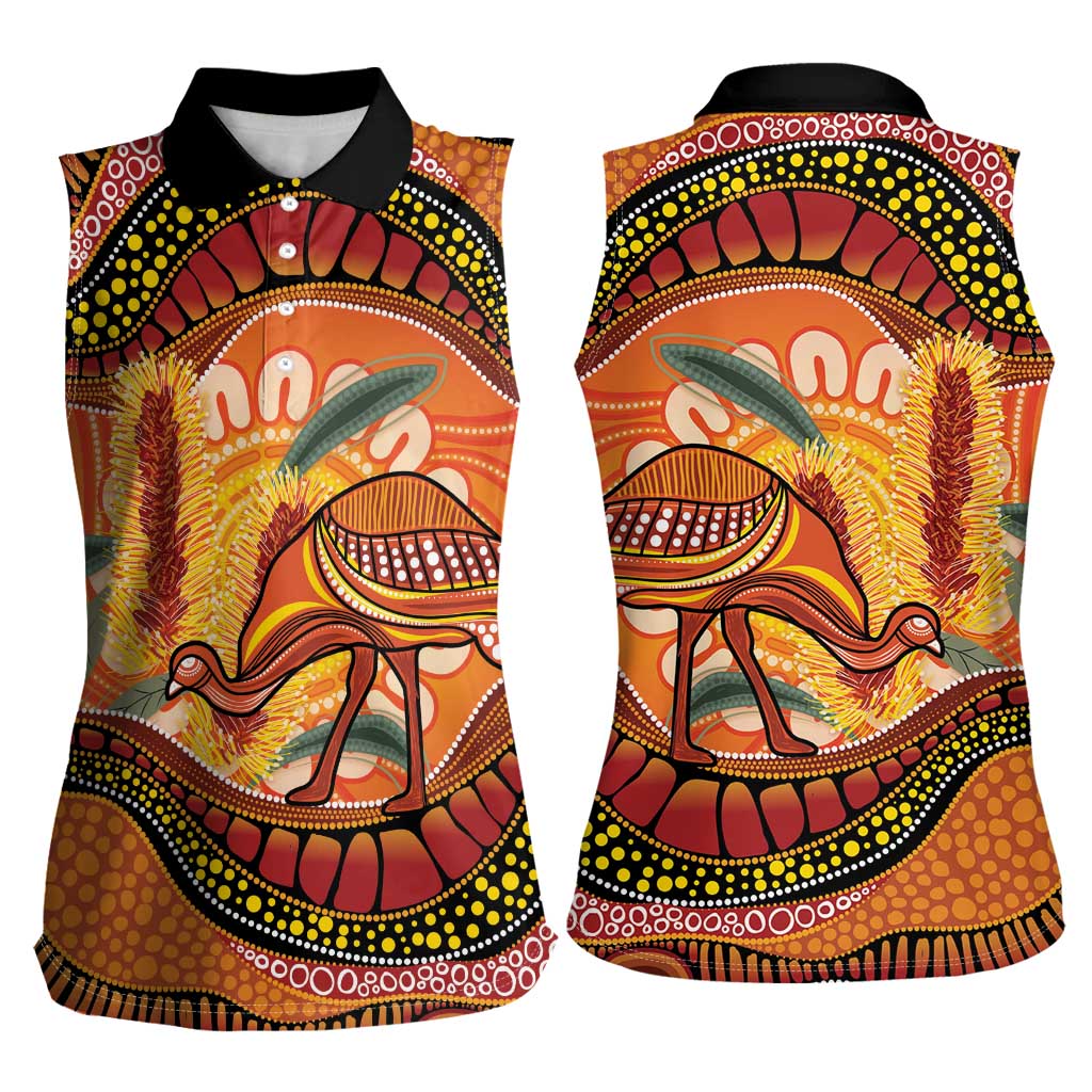 Indigenous Emu Australia Women Sleeveless Polo Shirt Australian Bottlebrushes Aboriginal Art Proud