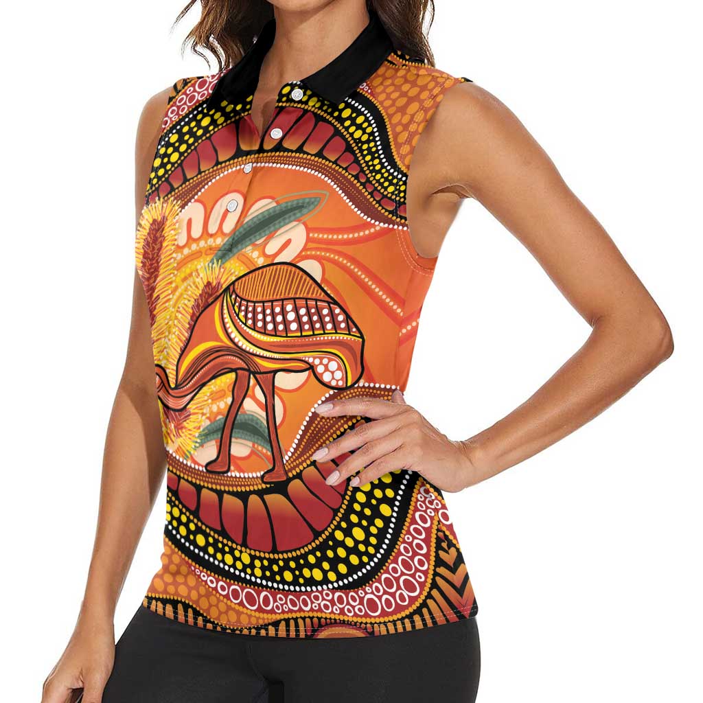Indigenous Emu Australia Women Sleeveless Polo Shirt Australian Bottlebrushes Aboriginal Art Proud