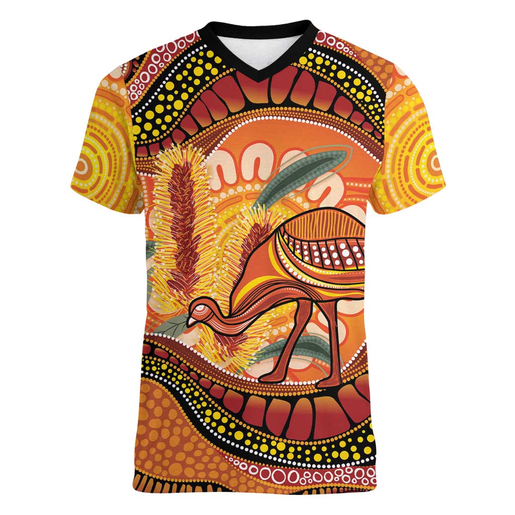 Indigenous Emu Australia Women V-Neck T-Shirt Australian Bottlebrushes Aboriginal Art Proud