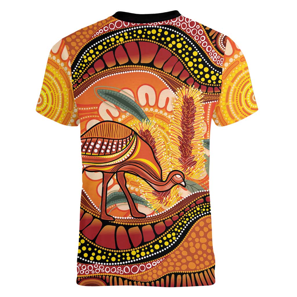 Indigenous Emu Australia Women V-Neck T-Shirt Australian Bottlebrushes Aboriginal Art Proud