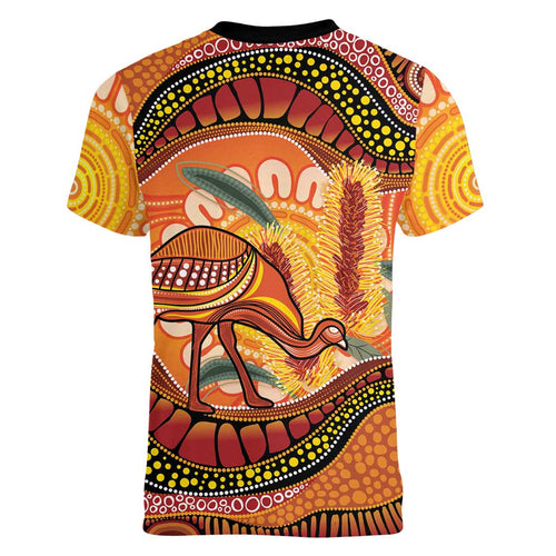 Indigenous Emu Australia Women V-Neck T-Shirt Australian Bottlebrushes Aboriginal Art Proud