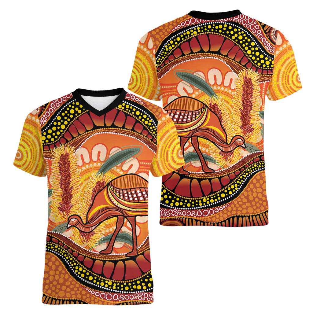 Indigenous Emu Australia Women V-Neck T-Shirt Australian Bottlebrushes Aboriginal Art Proud