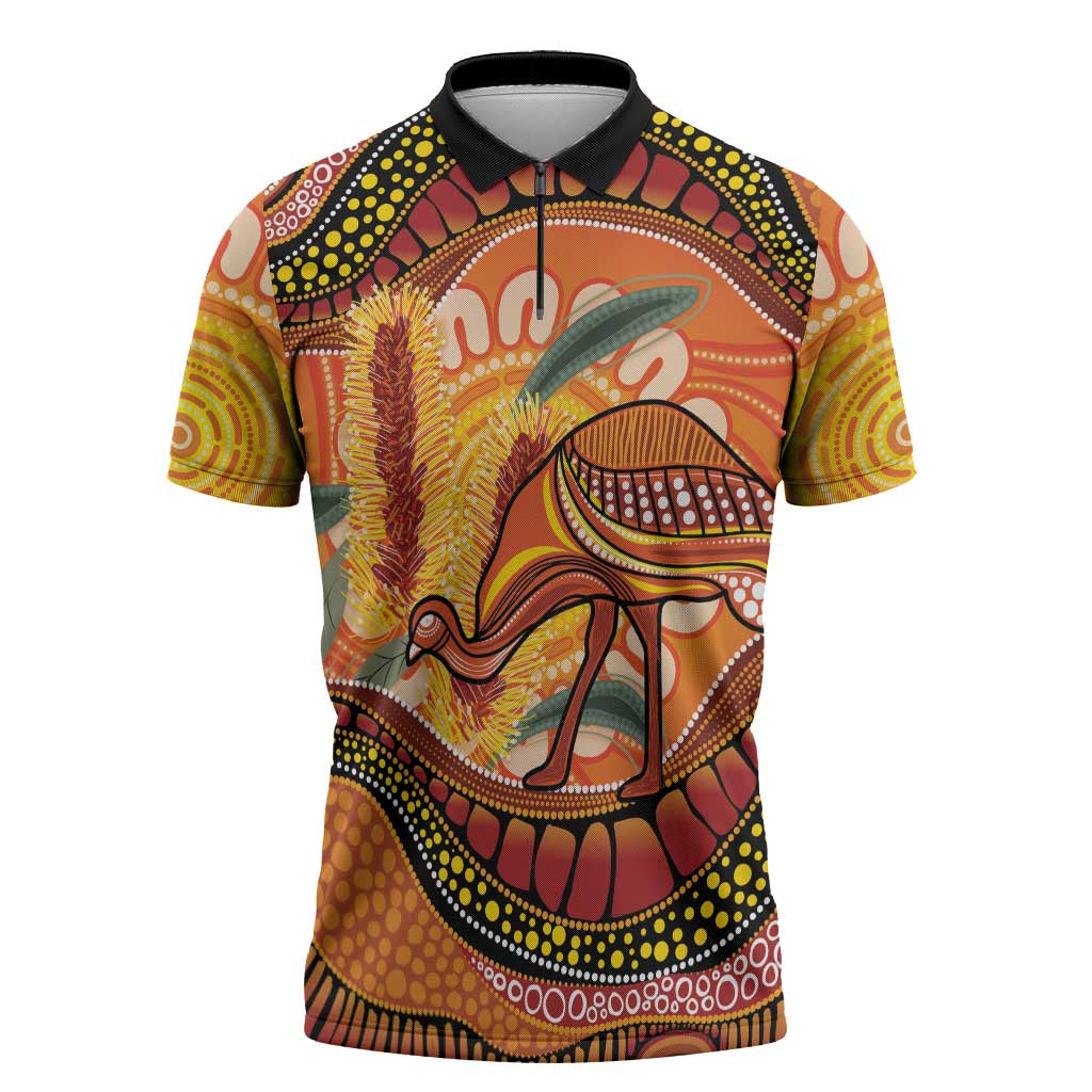 Indigenous Emu Australia Zipper Polo Shirt Australian Bottlebrushes Aboriginal Art Proud