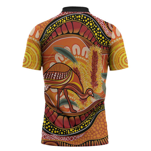 Indigenous Emu Australia Zipper Polo Shirt Australian Bottlebrushes Aboriginal Art Proud
