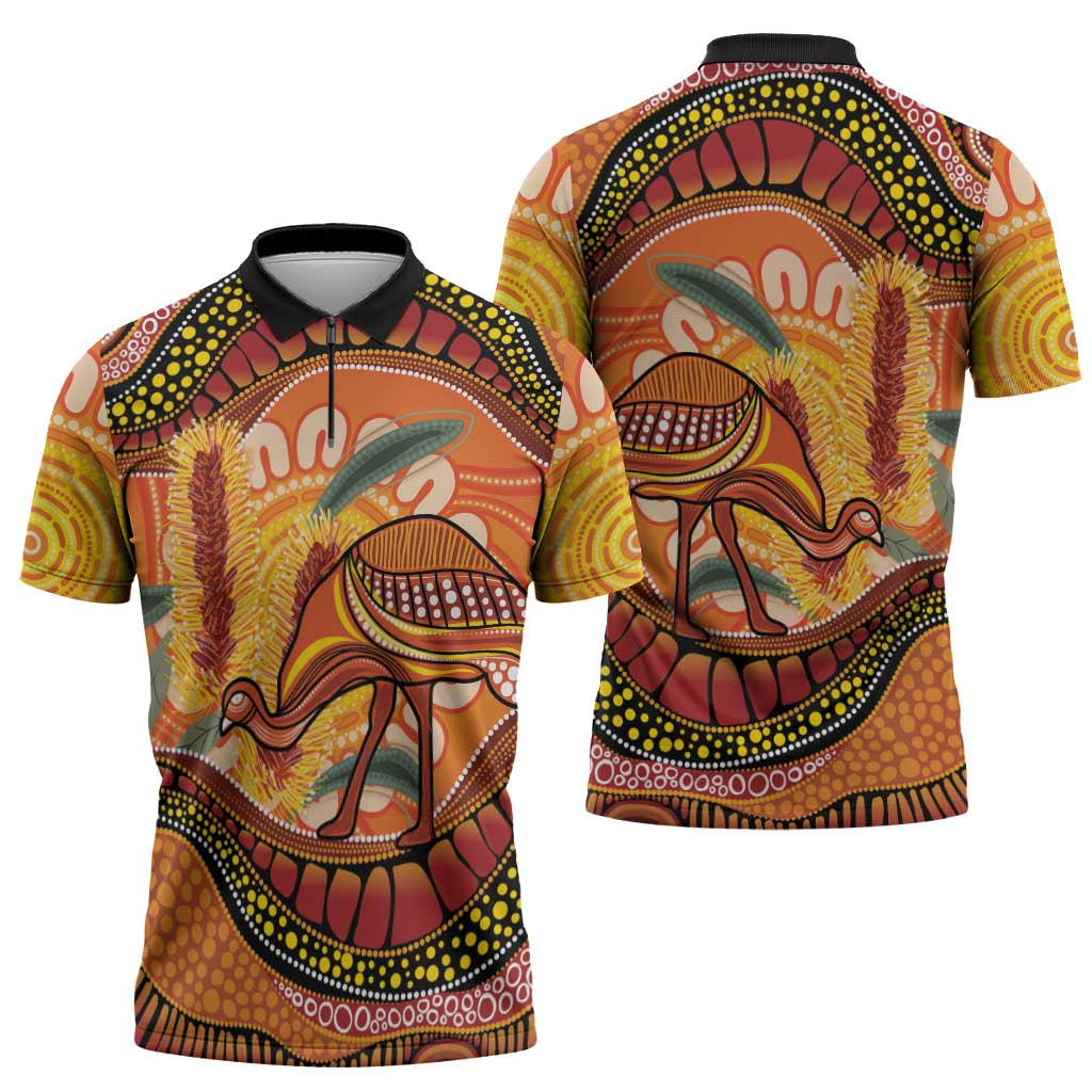 Indigenous Emu Australia Zipper Polo Shirt Australian Bottlebrushes Aboriginal Art Proud